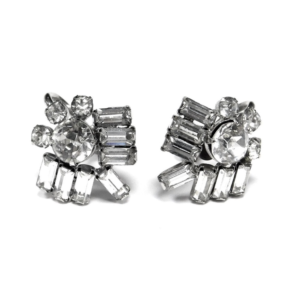 Sherman signed Elegant Silver Crystal Screw Clasp Earrings